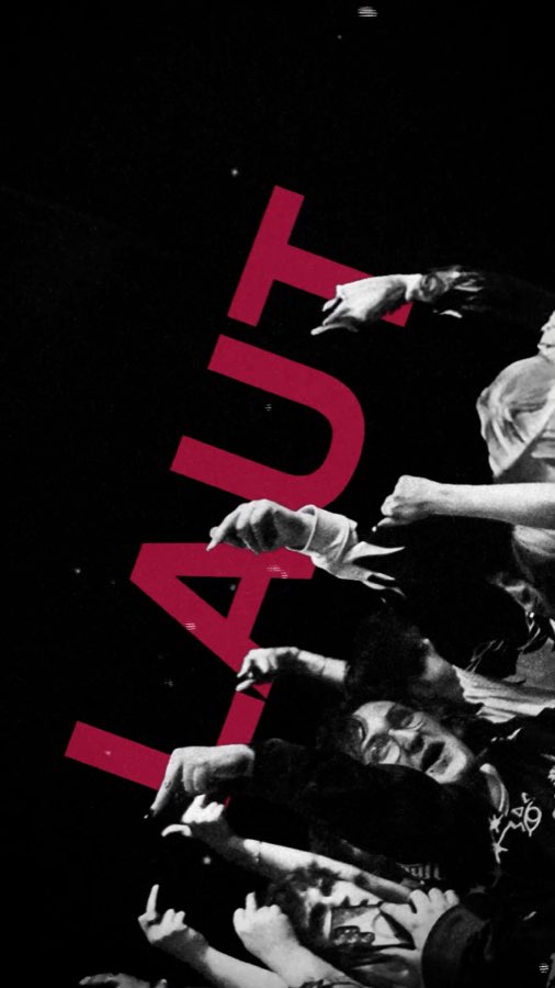 Tour graphic with the word LAUT in pink over a black and white crowd