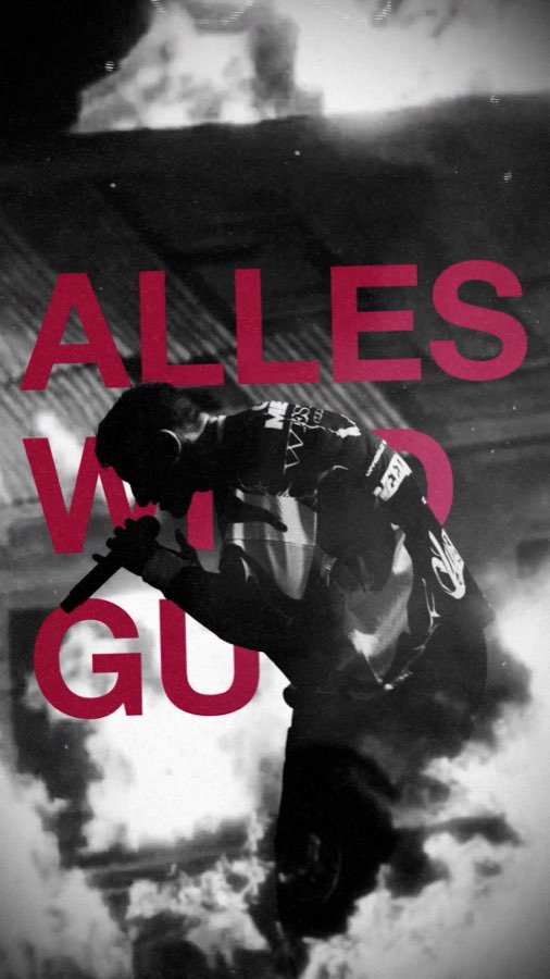 Tour graphic with the words Alles wird gut in pink over a black and white performance photo