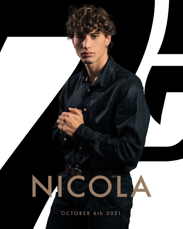 Character poster of a young man in a black shirt, titled Nicola