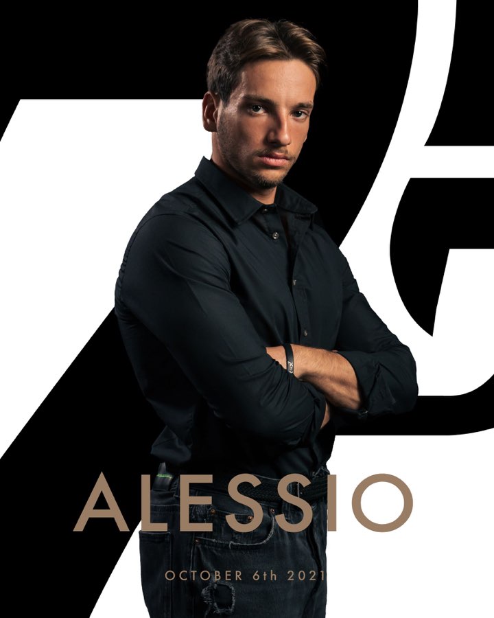 Character poster of a man with crossed arms, titled Alessio