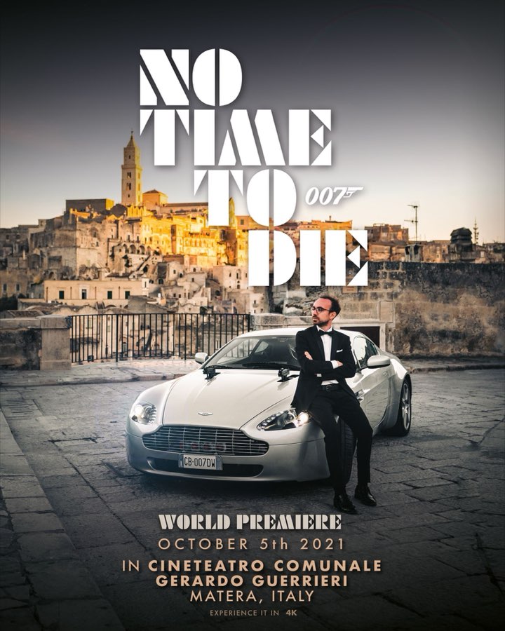 Premiere poster of a man in a tuxedo leaning on a silver sports car in Matera